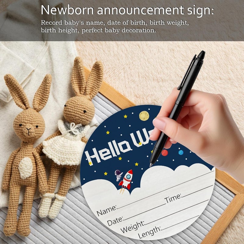 CLHHM Hello World Birth Announcement 6" Round Birch Wood Newborn Sign for Nursery Hospital & Baby Shower, Personalized Baby Name Plaque, Keepsake Décor Gift for New Parents (White Spaceship) - Image 5